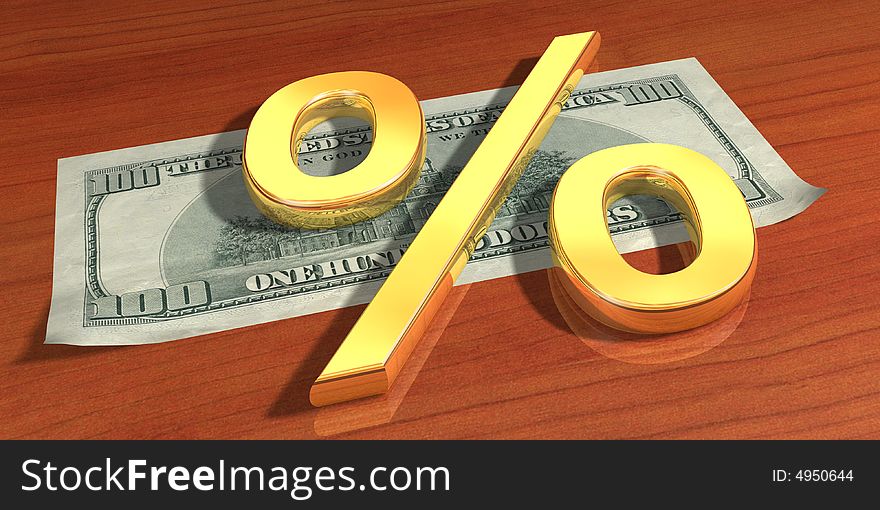 Symbol of the percent rests upon one hundred dollars. Symbol of the percent rests upon one hundred dollars