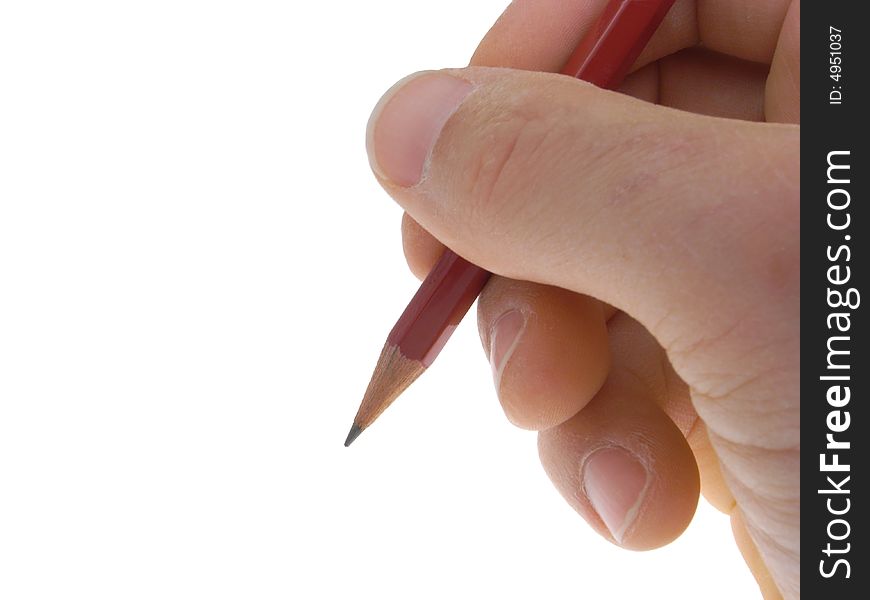 Male hand gripping red pencil on white background. Male hand gripping red pencil on white background