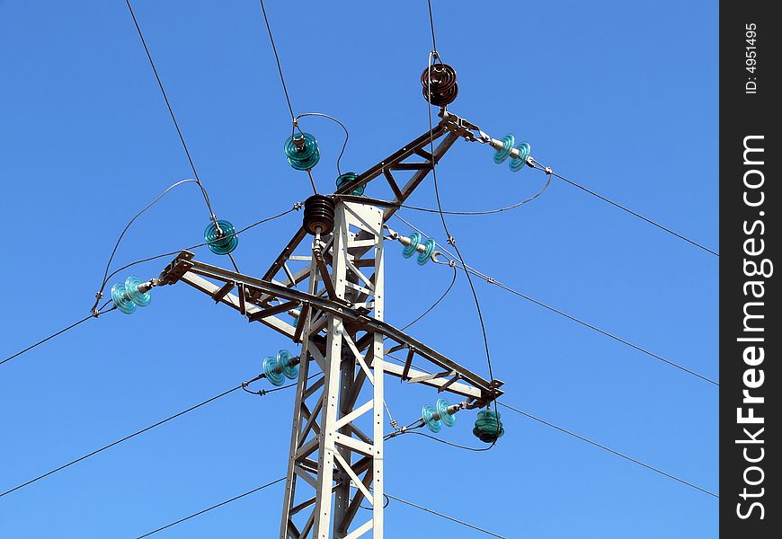 Telegraph pole in intersection of wires on sky background. Telegraph pole in intersection of wires on sky background