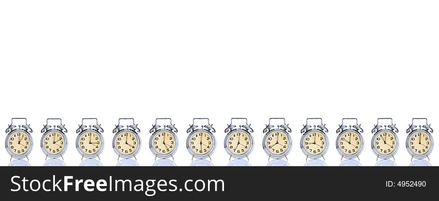 Group of alarm clock with times 12 clock on white background