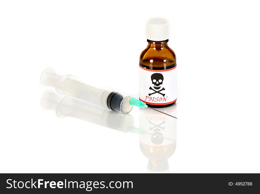 Injection and poison bottle on white background
