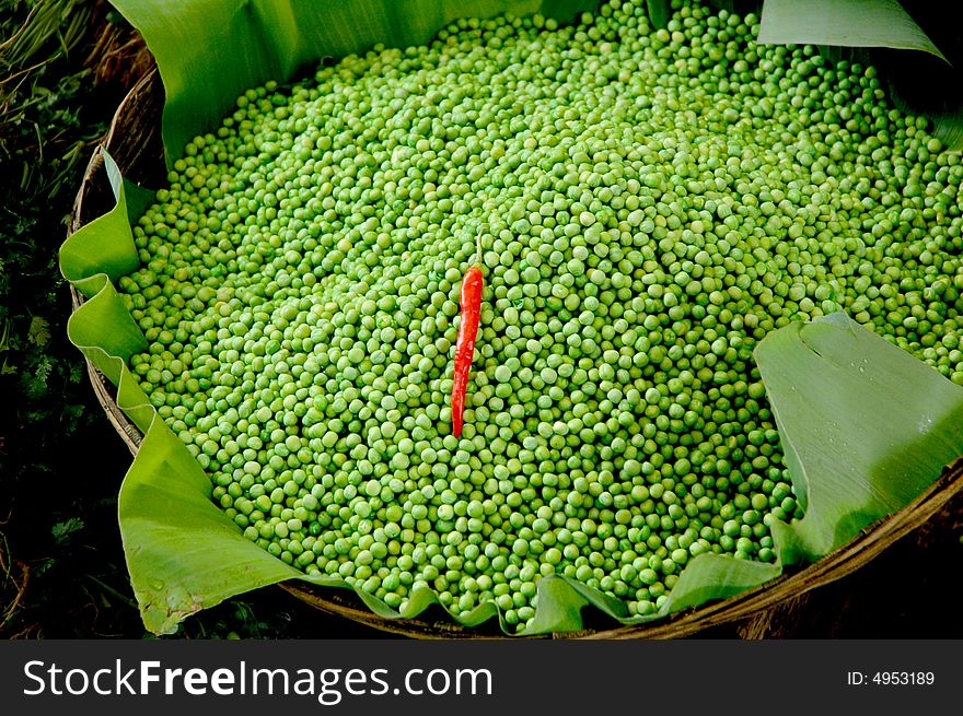 Fresh green peas for sale in market in Mysore India