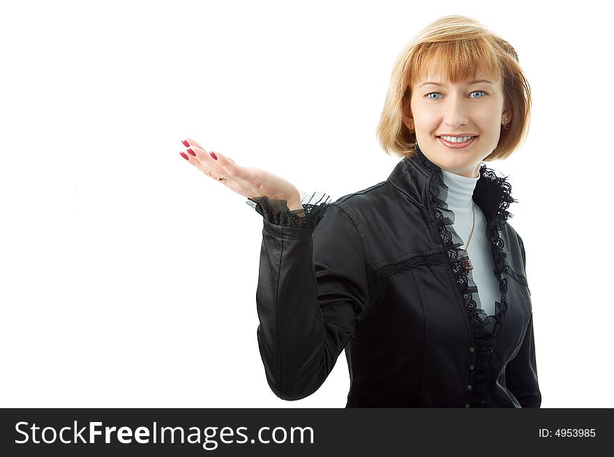 Business woman on white background with hand palm up