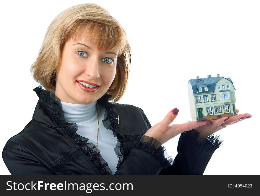 Business woman with little house on hand on white background