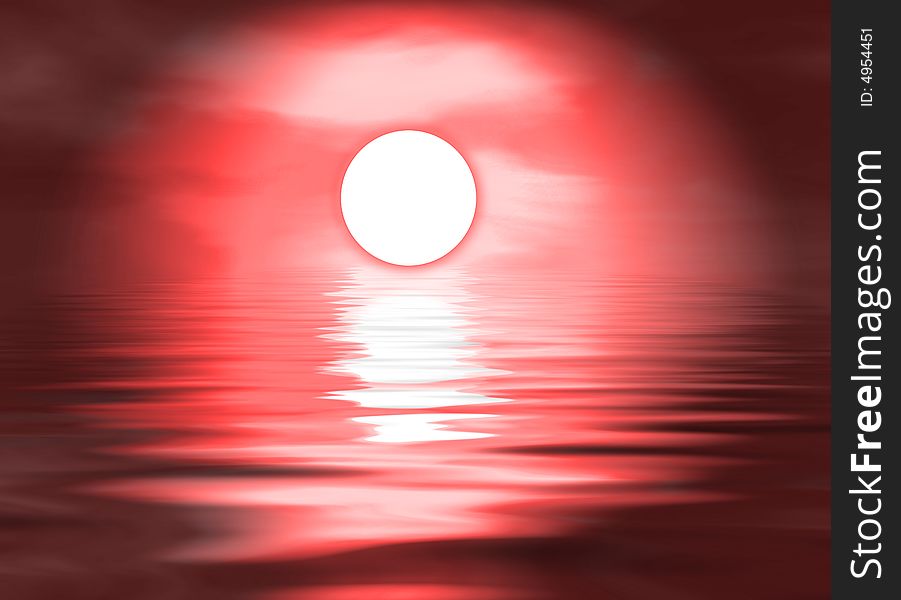 Digital scenery sun shed in the evening time around the red water background