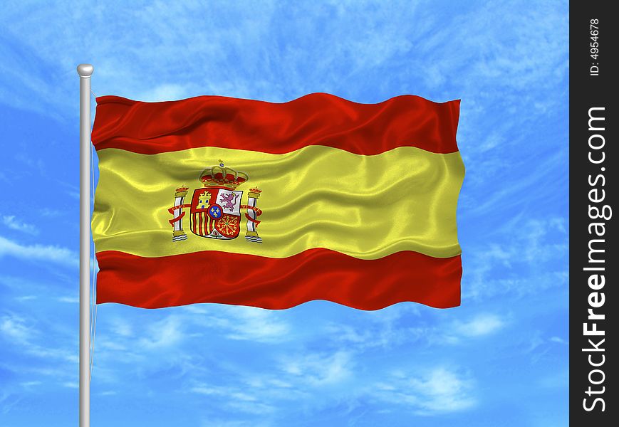 Illustration of waving Spanish Flag on blue sky. Illustration of waving Spanish Flag on blue sky