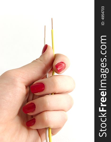Electrical cable & hand on white background