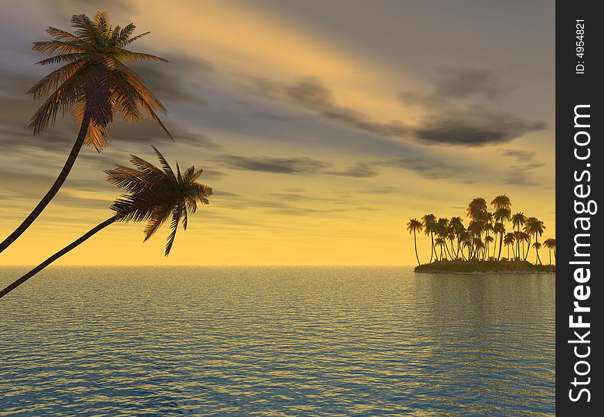 Sunset coconut palm trees on small island - 3d illustration.