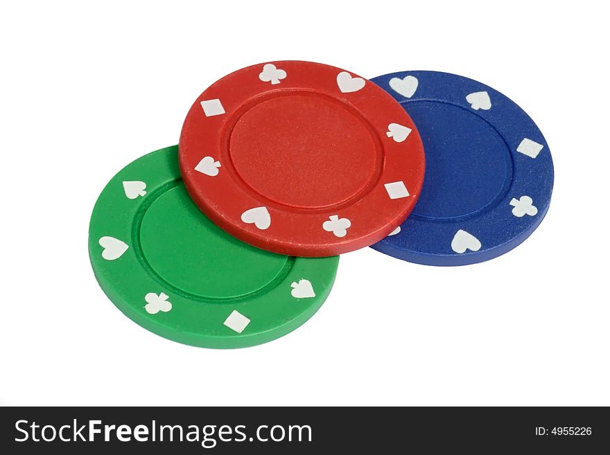Three Poker jetons isolated on white background. Three Poker jetons isolated on white background
