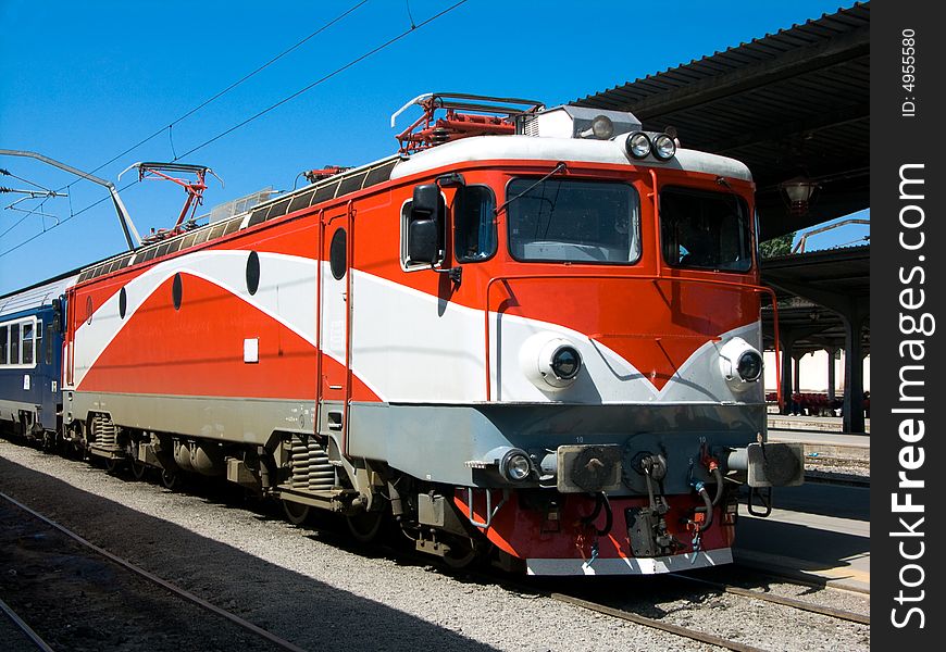 Railroad engine in Bucharest railway station. Railroad engine in Bucharest railway station.