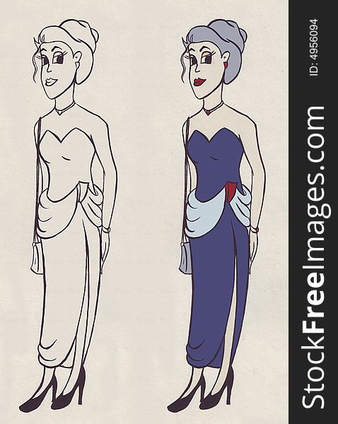 Cartoon lady standing out line and colored. Cartoon lady standing out line and colored
