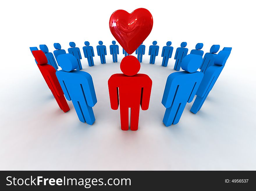 People in circle with red heart symbol - 3d illustration. People in circle with red heart symbol - 3d illustration