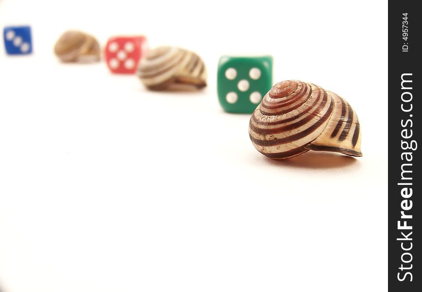 Image of a curved line of striped snail shells and die, on white. Image of a curved line of striped snail shells and die, on white.