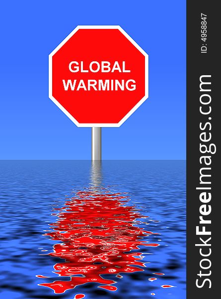 Conceptual illustration of a global warming sign standing in water.