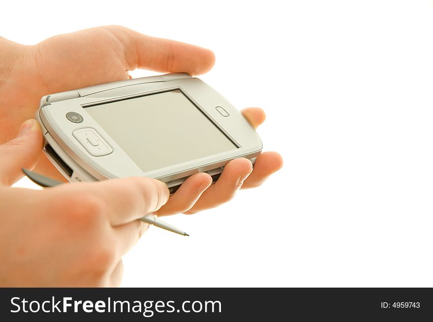 Handheld pda and stylus. Isolated over white background.