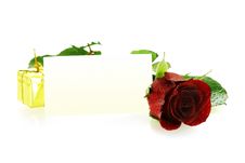 Red Rose With A Gift And Blank Card Royalty Free Stock Photos Red Rose With A Gift And Blank Card Royalty Free Stock Photos