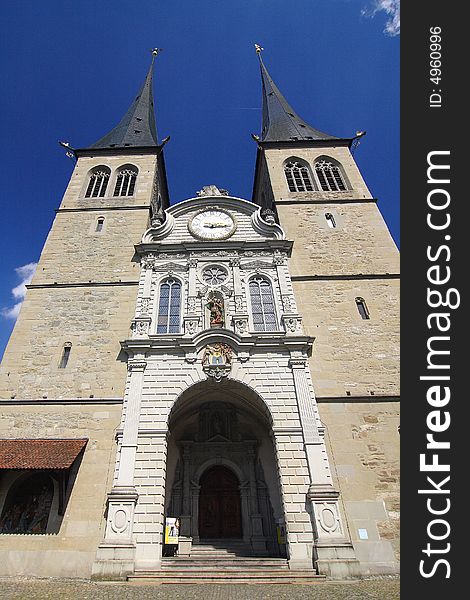 Cathedral in Lucerne, Switzerland. Exterior of a building.