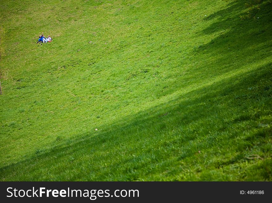 Father and son talking on green grass