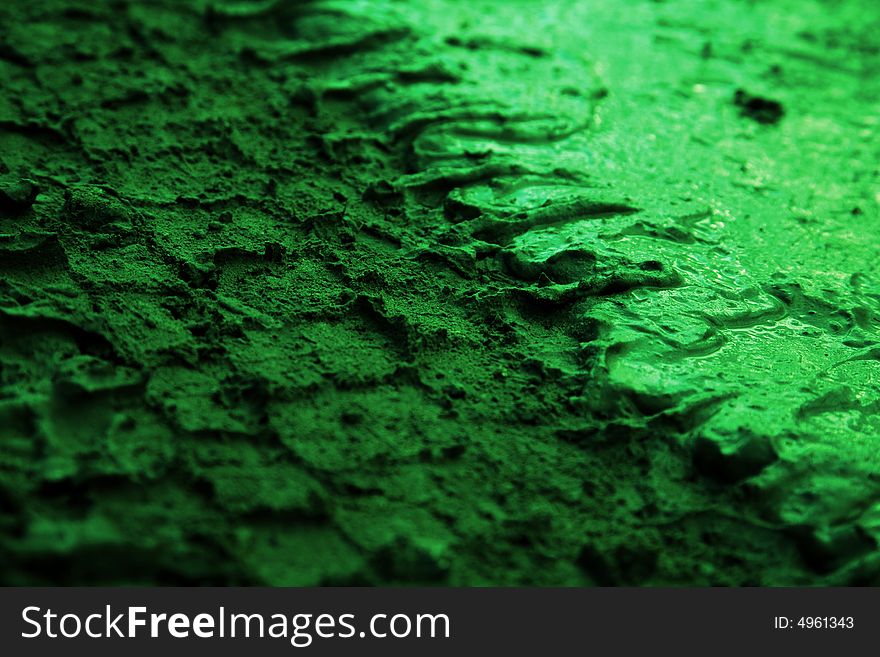 Closeup of tire tracks in the green mud
