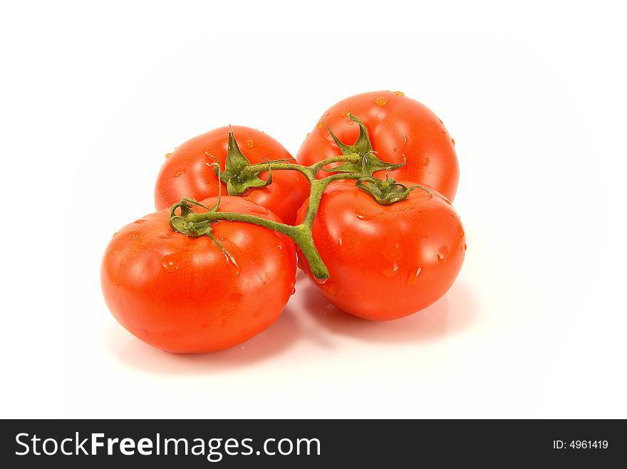 Fresh tomatoes with stem and water drops isolated on white background