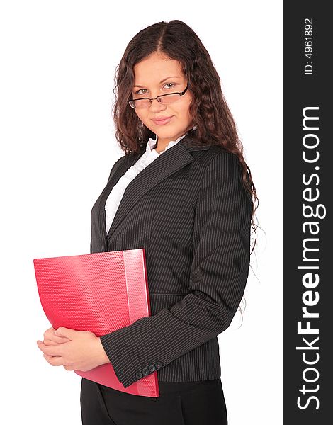 Beautiful brown-haired woman with red folder