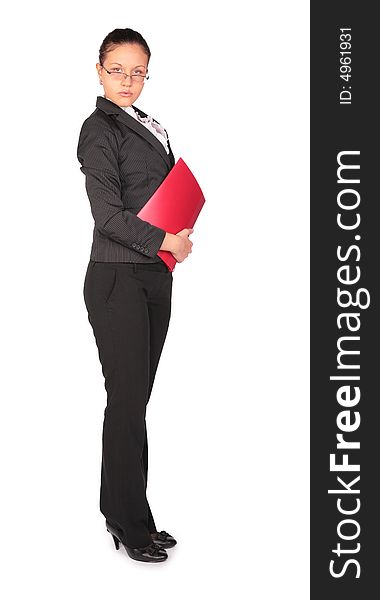 brown-haired woman stands with  red folder