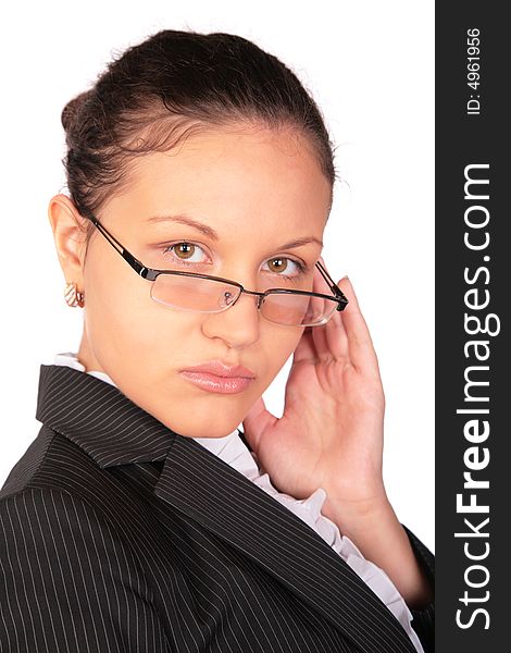 Beautiful brown-haired woman in glasses on white