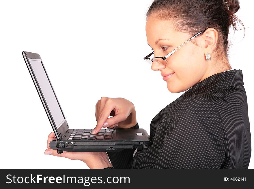 Girl holds notebook and press key