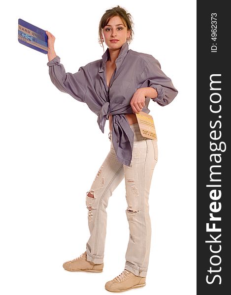 Young woman holding internet credit cards on white backgrounds