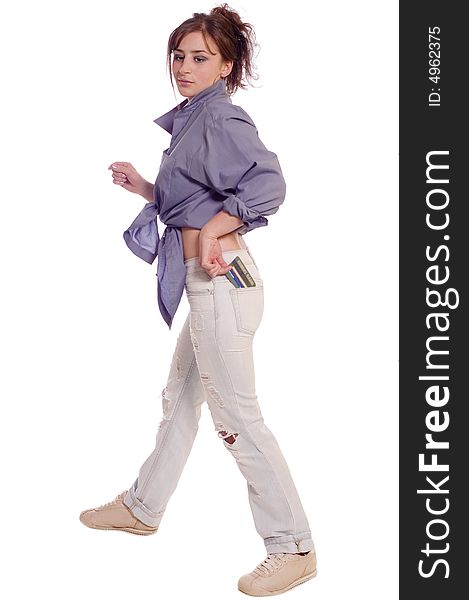 Young woman holding internet credit cards on white backgrounds