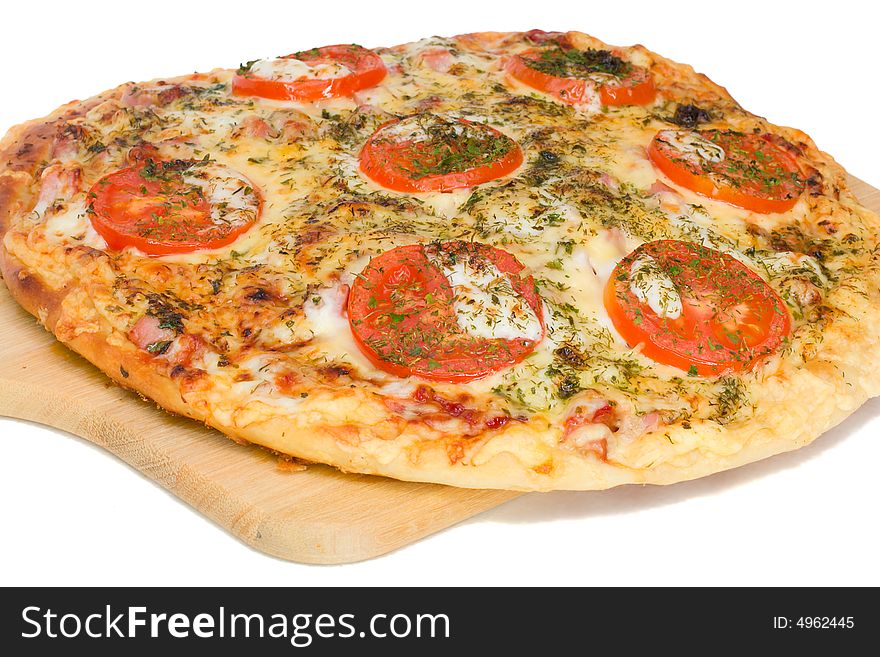 Pizza on board, isolated over white background