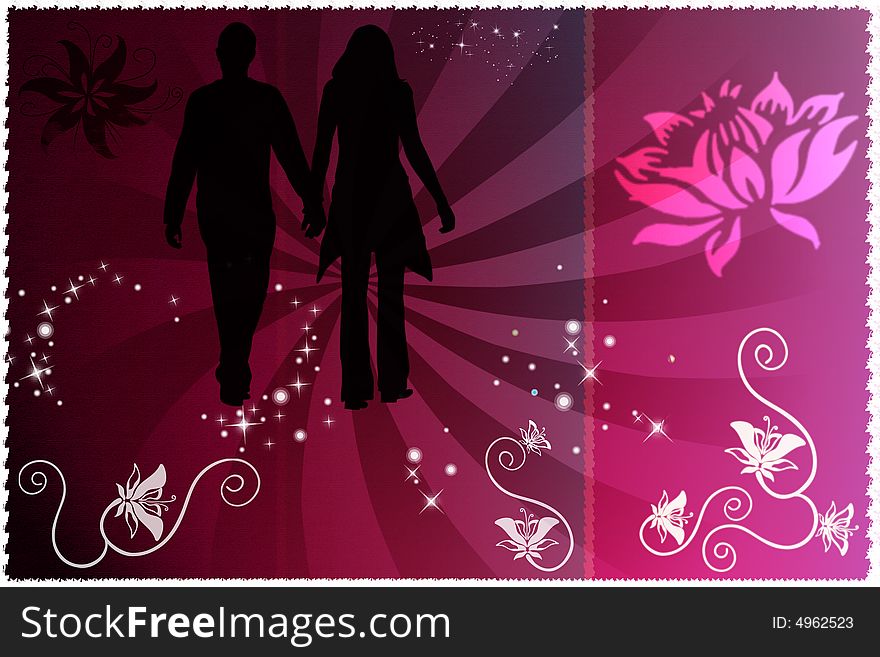 A beautiful background with a cople on a background with flowers and stars and butterfly effects. A beautiful background with a cople on a background with flowers and stars and butterfly effects.