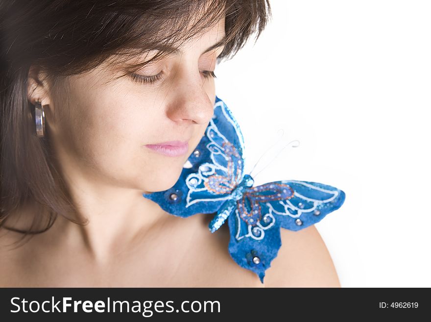 Beautiful young woman with blue butterfly