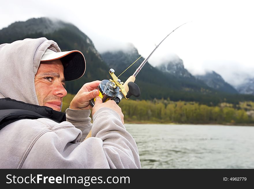 Salmon Fisherman on a cold foggy morning