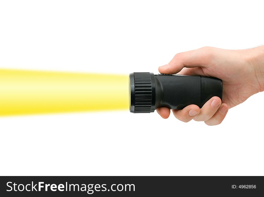 Flashlight in hand, isolated on white background