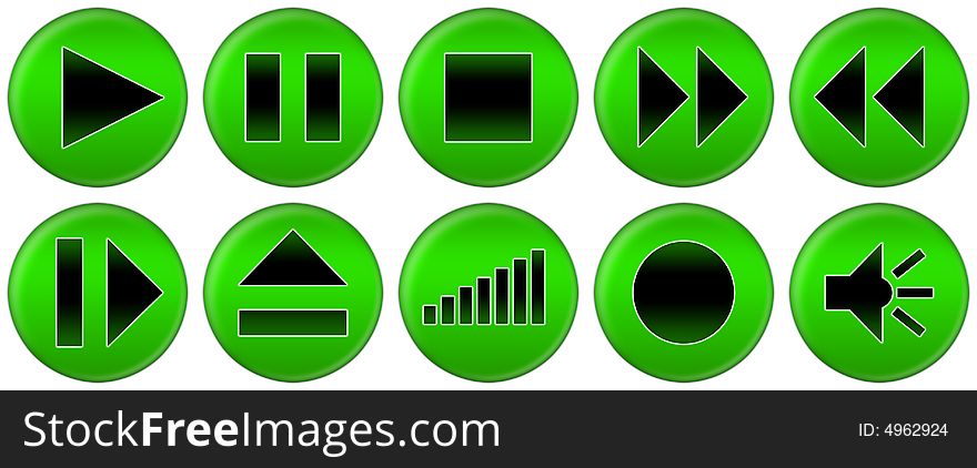 Set of green round buttons for music player