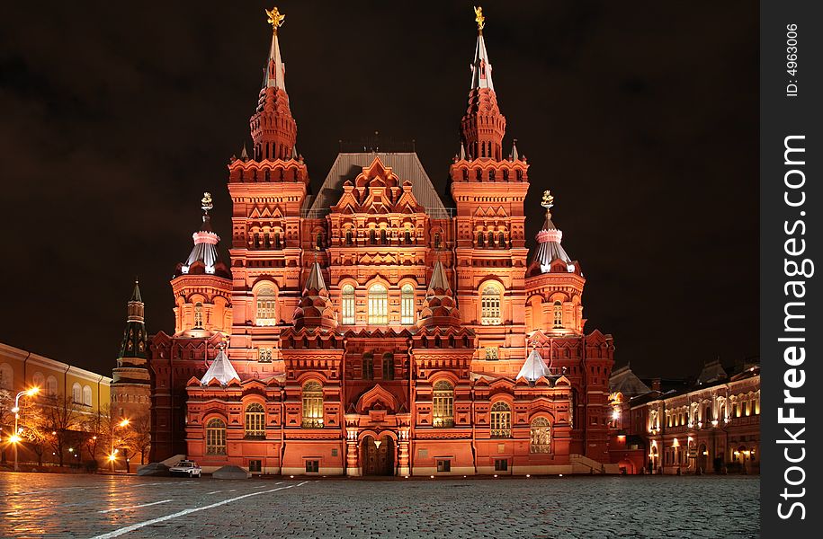 Facade of Moscow historical museum at night