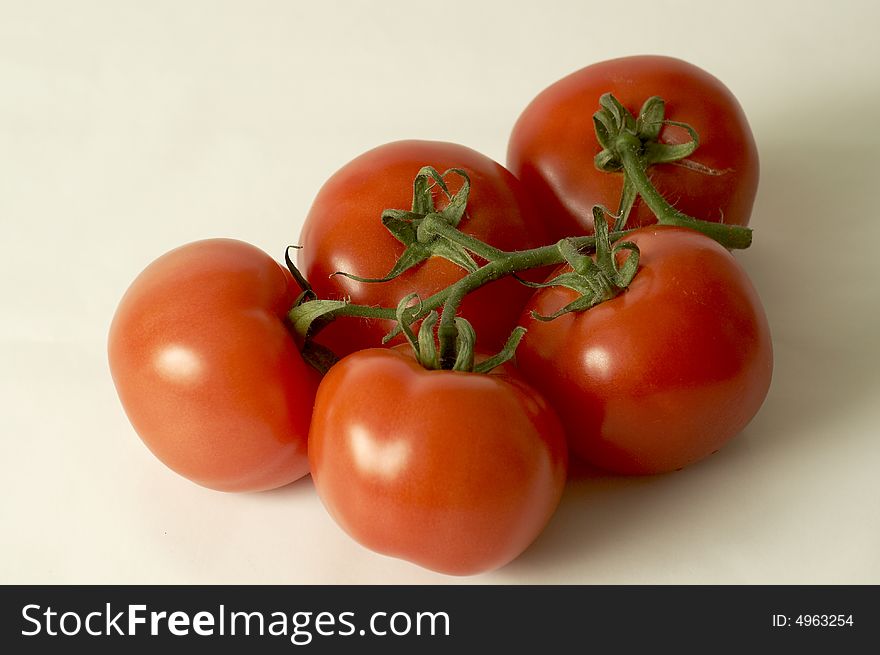 Five tomatoes into a white background. Five tomatoes into a white background