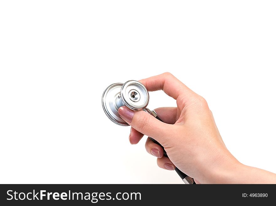 Stethoscope in hand on white background