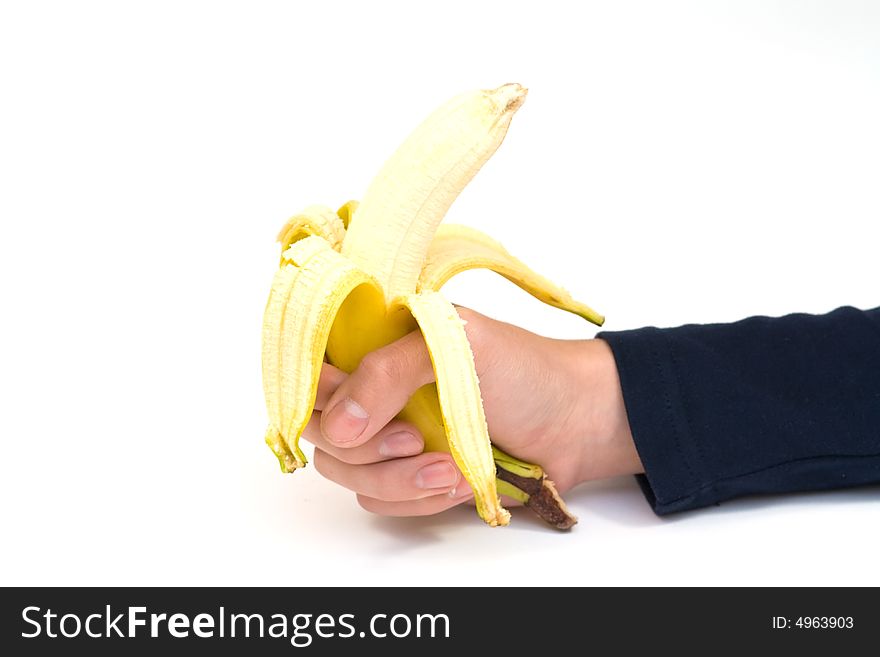 Banana in hand on white background