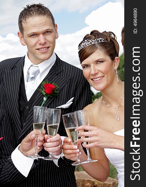 A wedding couple making a toast with friends. A wedding couple making a toast with friends