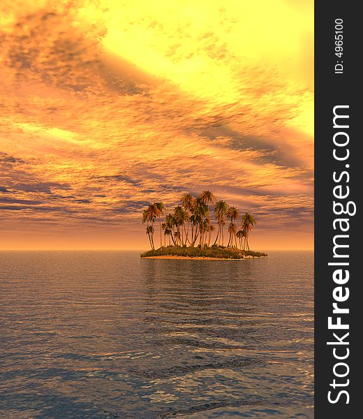 Sunset coconut palm trees on small island - 3d illustration.