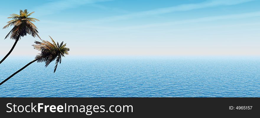 Coconut palms and blue sky with clouds - 3D scene.