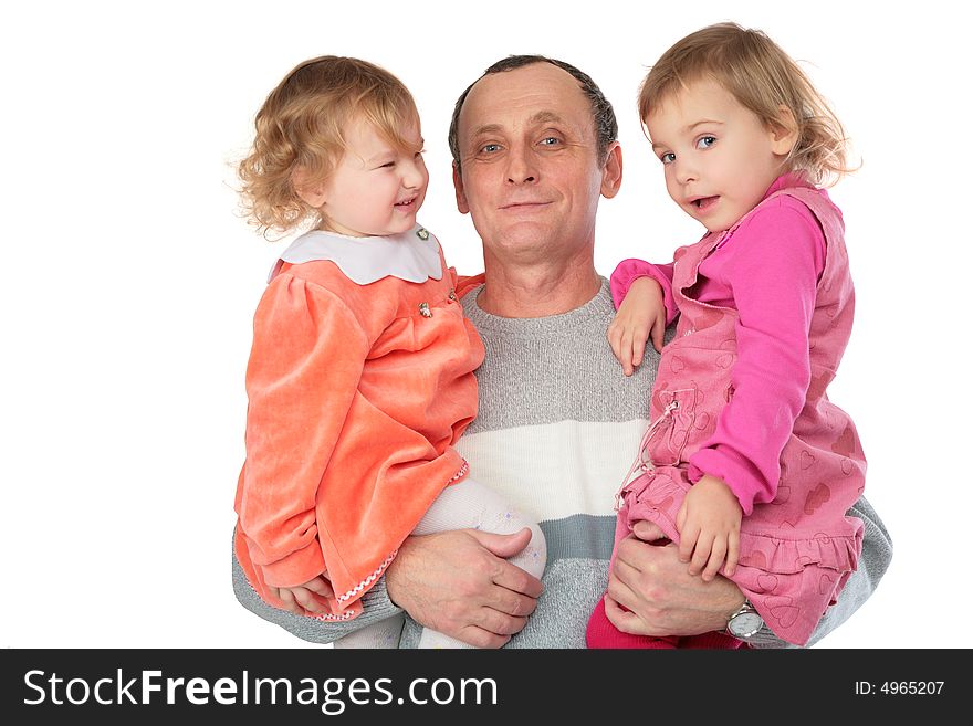 Grandfather hold two granddaughters on hands