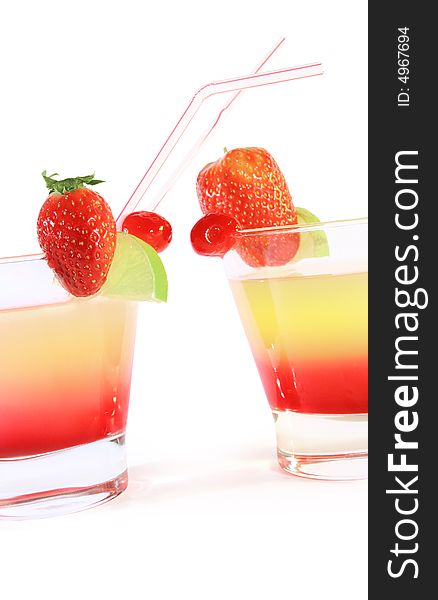 Two sweet cocktails isolated on white background. Two sweet cocktails isolated on white background