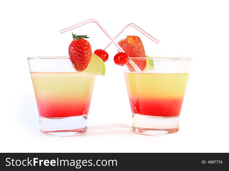 Two sweet cocktails isolated on white background