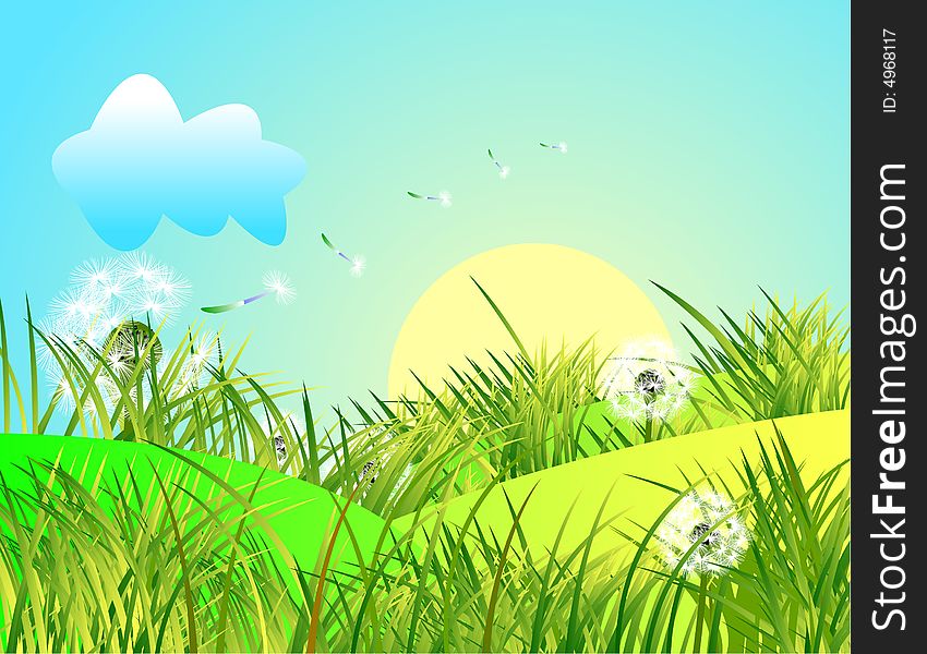 Spring Landscape With Green Grass And Blue Sky