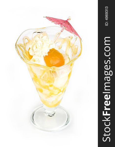 Ice cream with peach isolated on white background, clipping path included. Ice cream with peach isolated on white background, clipping path included