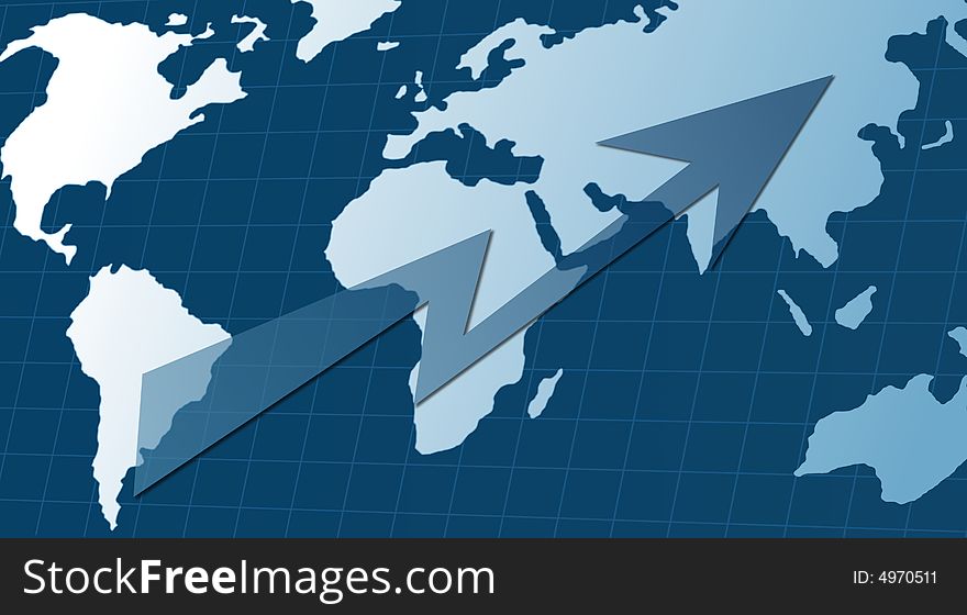Business blue background with world map and arrow