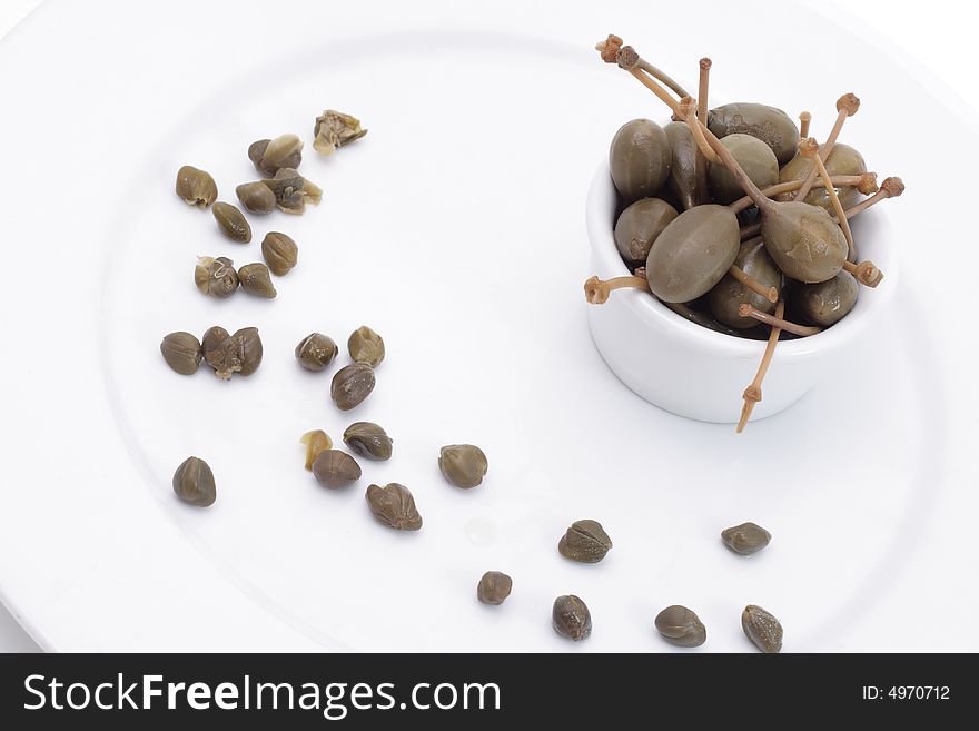 Fruit still life on a plate with jam dish. Isolated on a white background